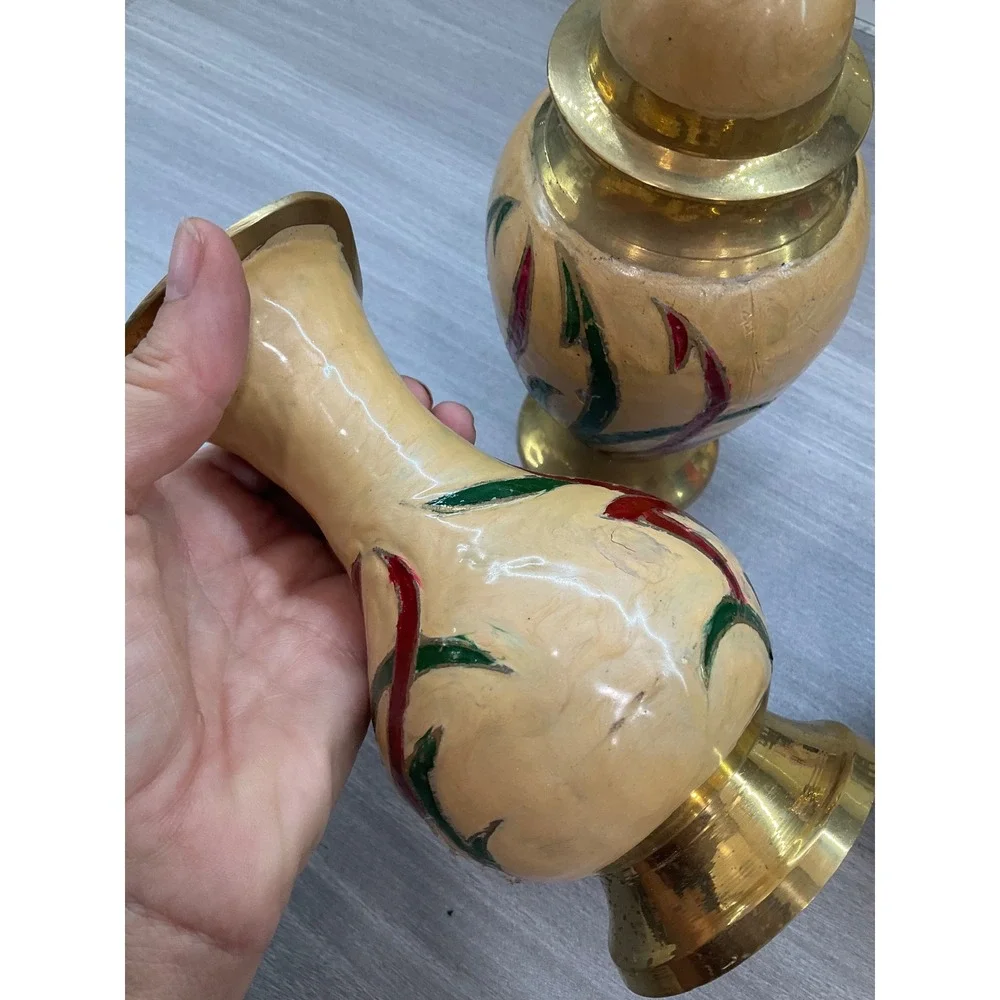 VINTAGE INDIAN BRASS HAND PAINTED ENAMEL JAR PITCHER AND VASE‎